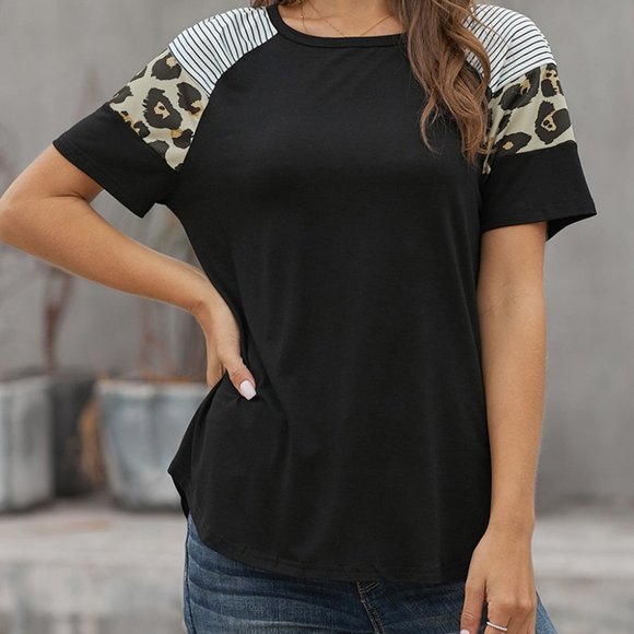 Black Striped Leopard Print Short Sleeve Shirt - Picture 1 of 8